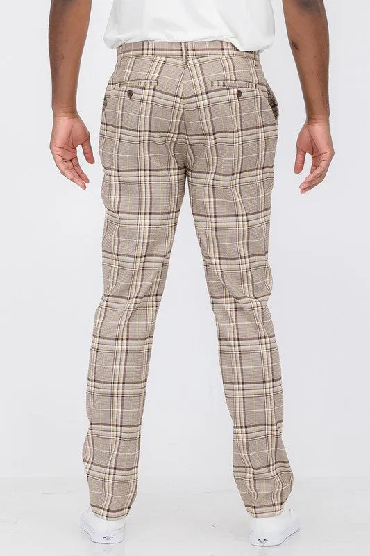 Weiv Men's Brown Plaid Slim Fit Trouser Pants