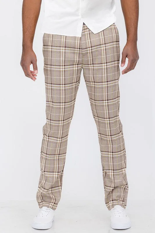 Weiv Men's Brown Plaid Slim Fit Trouser Pants