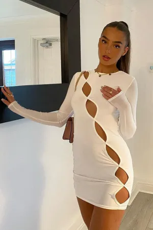 White Cut Out Detail Long Sleeve Bodycon Mini Dress