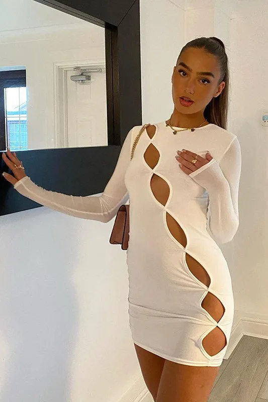White Cut Out Detail Long Sleeve Bodycon Mini Dress