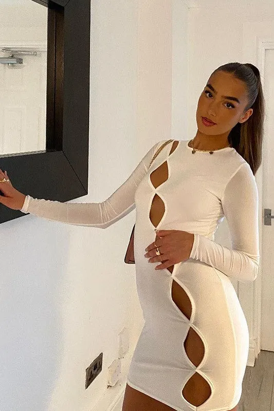 White Cut Out Detail Long Sleeve Bodycon Mini Dress