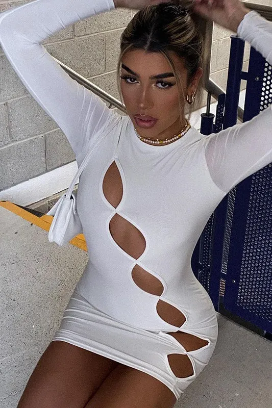 White Cut Out Detail Long Sleeve Bodycon Mini Dress