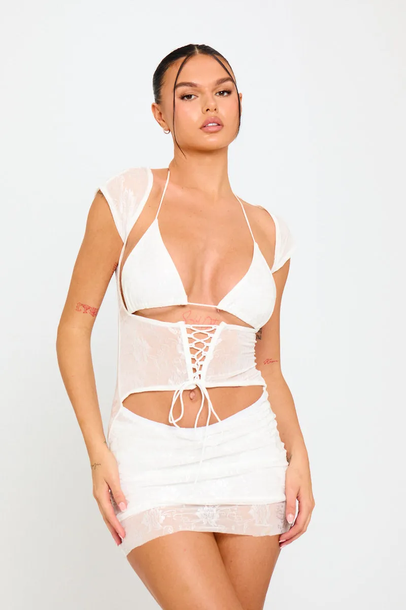 White Mesh Lace Corset Detail Bodycon Mini Dress