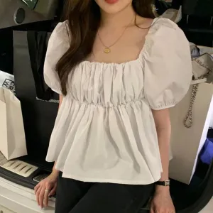 White Square Neck Puff Sleeved Peplum Top