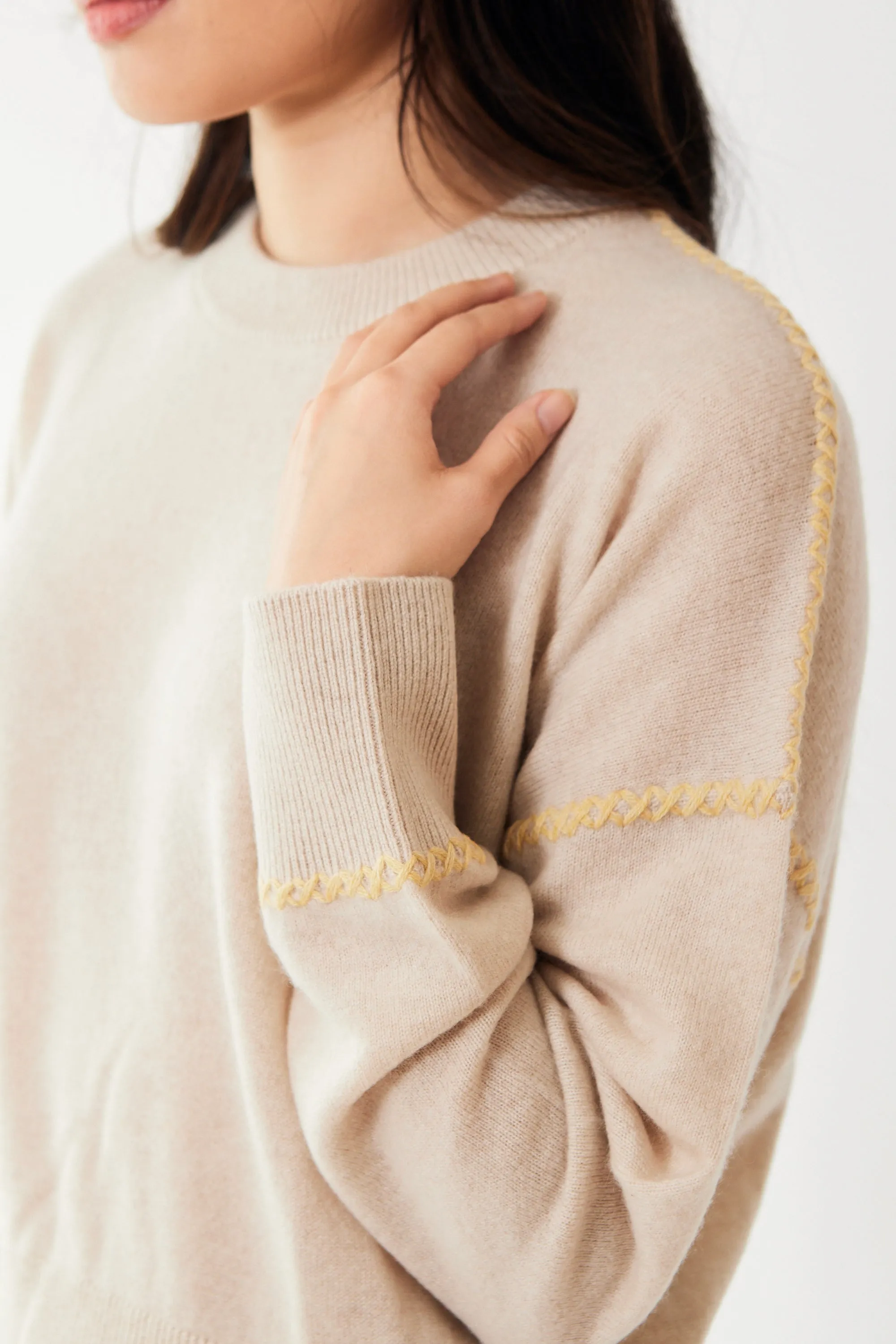 White   Warren Cashmere Blanket Stitch Crew