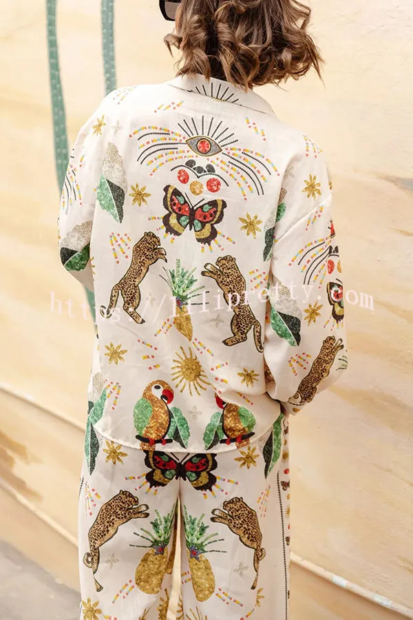 Wild Side Linen Blend Cheetah Unique Print Button Down Oversized Blouse