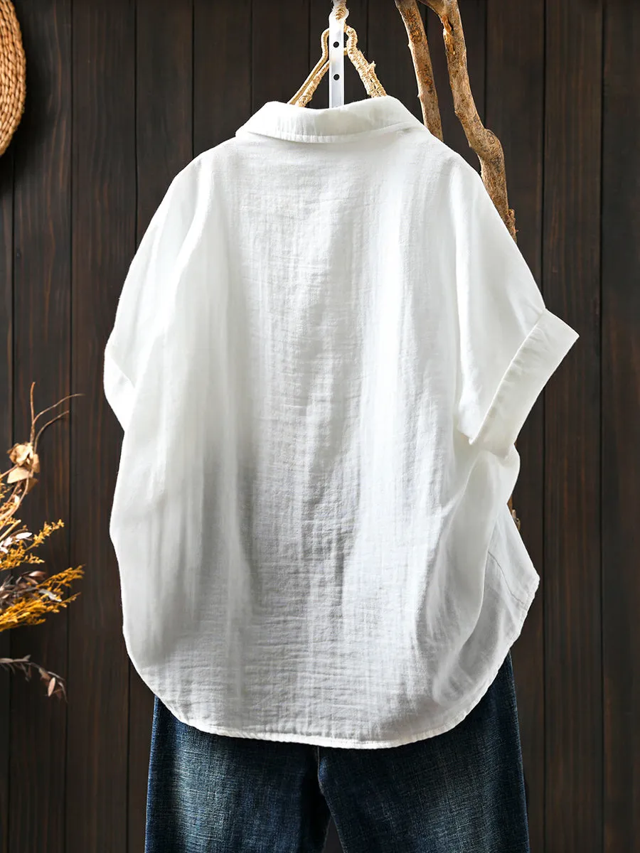 Women Artsy Flower Tun-down Collar 100%Cotton Shirt