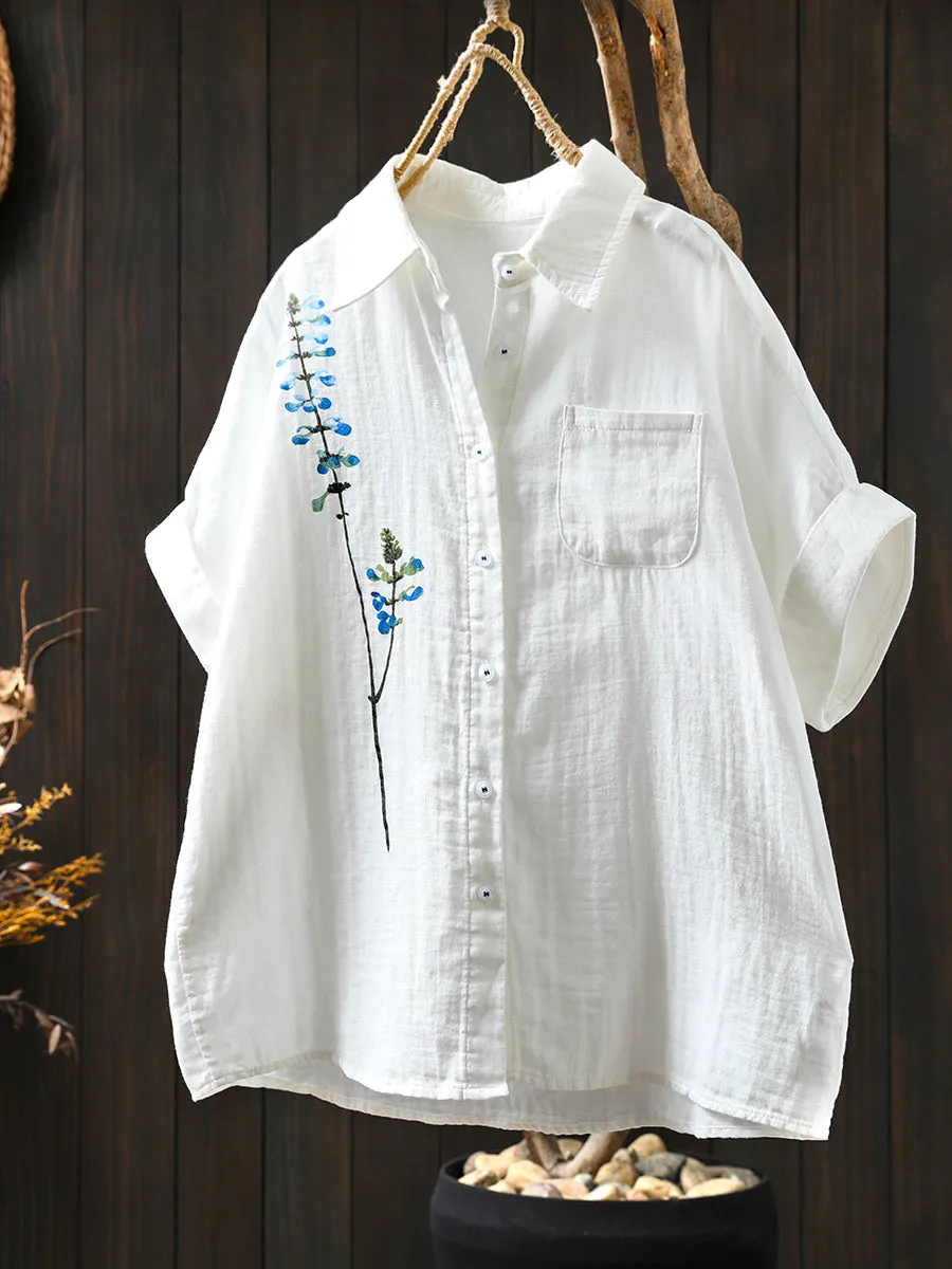 Women Artsy Flower Tun-down Collar 100%Cotton Shirt