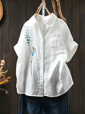 Women Artsy Flower Tun-down Collar 100%Cotton Shirt