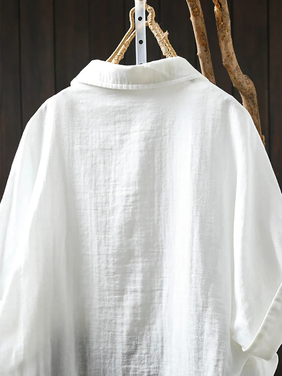 Women Artsy Flower Tun-down Collar 100%Cotton Shirt