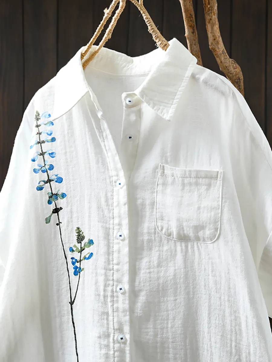Women Artsy Flower Tun-down Collar 100%Cotton Shirt