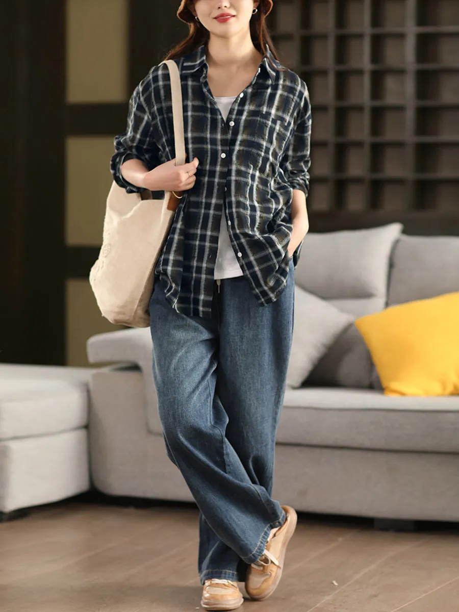 Women Artsy Spring Plaid Turn-down Collar Shirt