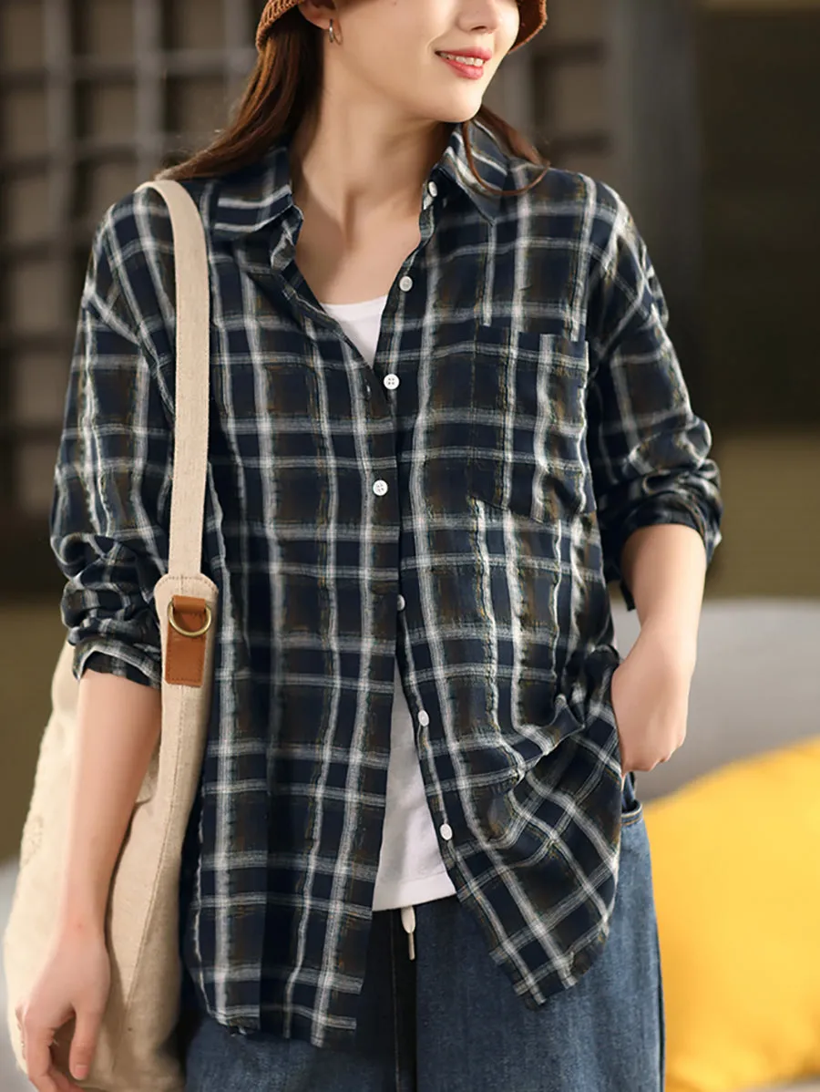 Women Artsy Spring Plaid Turn-down Collar Shirt