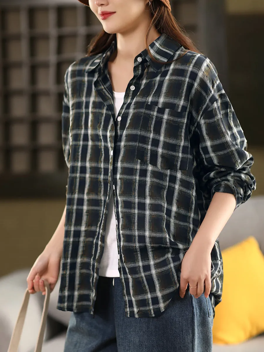 Women Artsy Spring Plaid Turn-down Collar Shirt