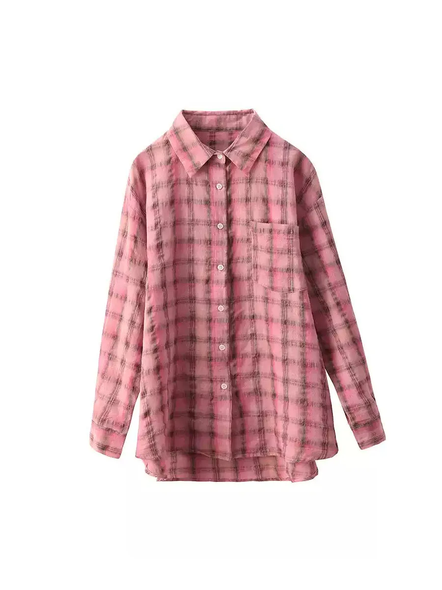 Women Artsy Spring Plaid Turn-down Collar Shirt