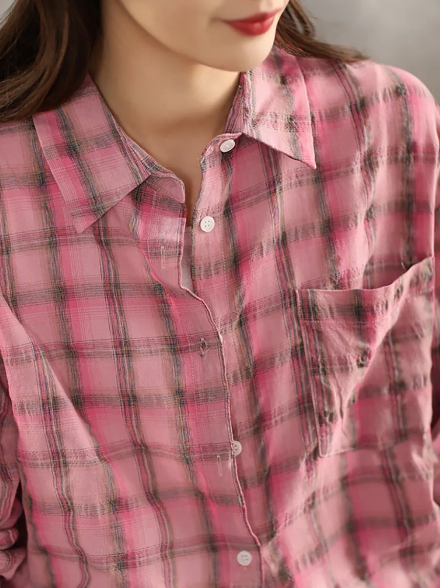 Women Artsy Spring Plaid Turn-down Collar Shirt