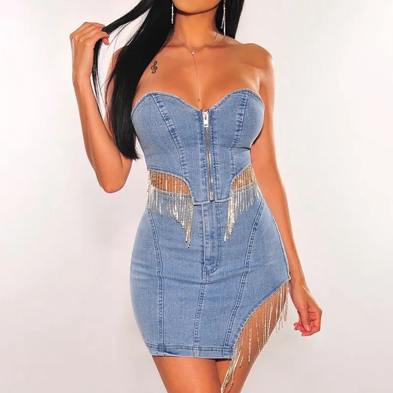 Women denim Pencil Mini Ruched sexy Dresses