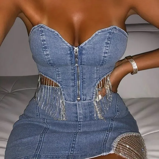 Women denim Pencil Mini Ruched sexy Dresses