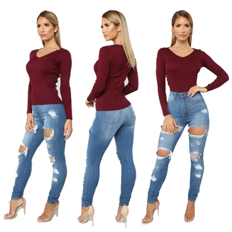 Women Distressed Jeans Mid Waist Elasticity Pencil Jeans Streetwear