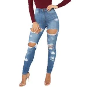 Women Distressed Jeans Mid Waist Elasticity Pencil Jeans Streetwear
