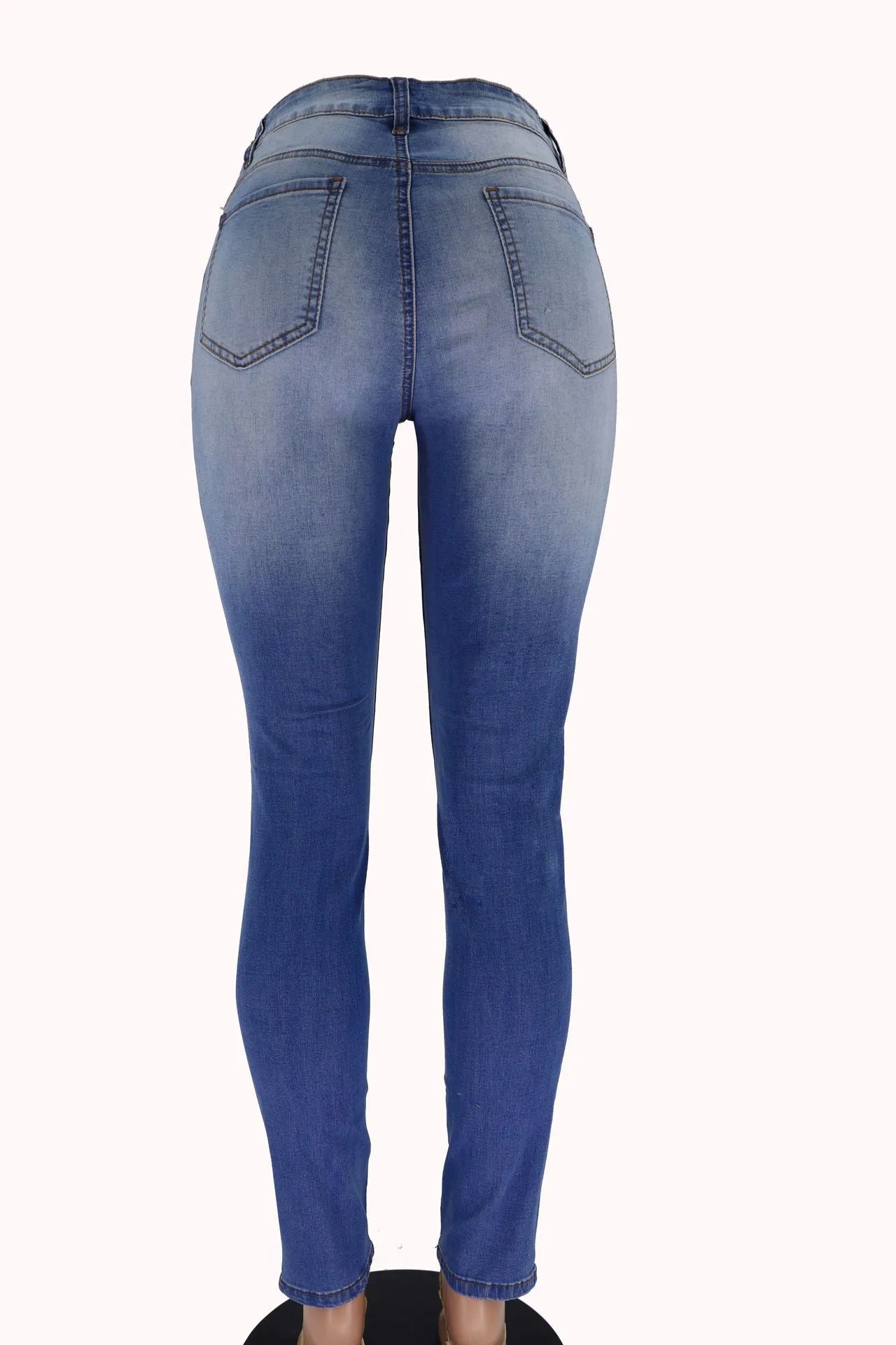 Women Distressed Jeans Mid Waist Elasticity Pencil Jeans Streetwear