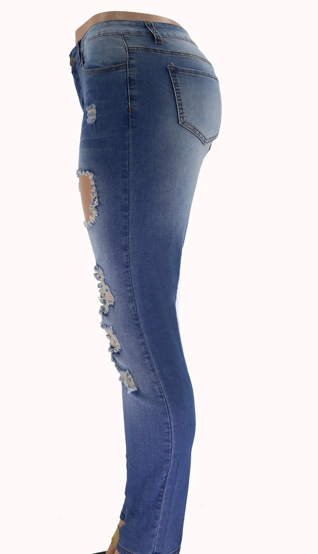 Women Distressed Jeans Mid Waist Elasticity Pencil Jeans Streetwear