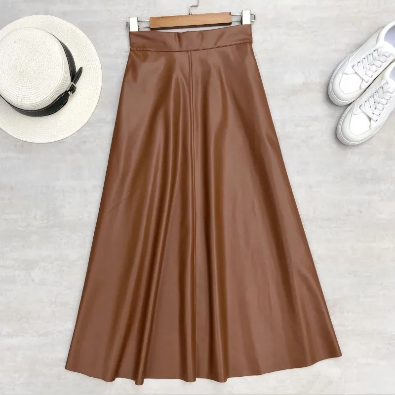 Women Faux Leather Skirts High Waist Elastic Female Skirts