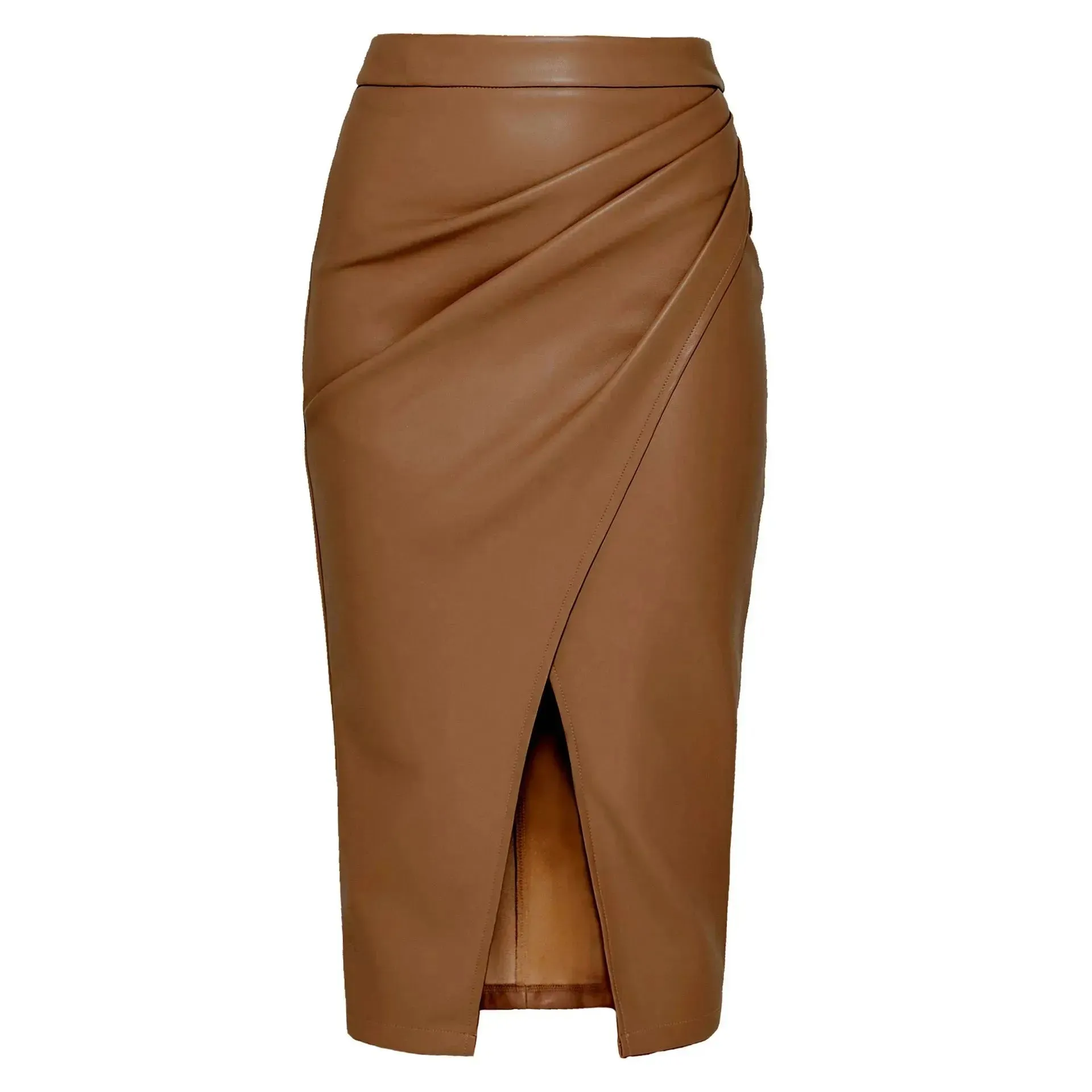 Women Formal Work Office Business High Waist Front Slit Midi Leather Skirt
