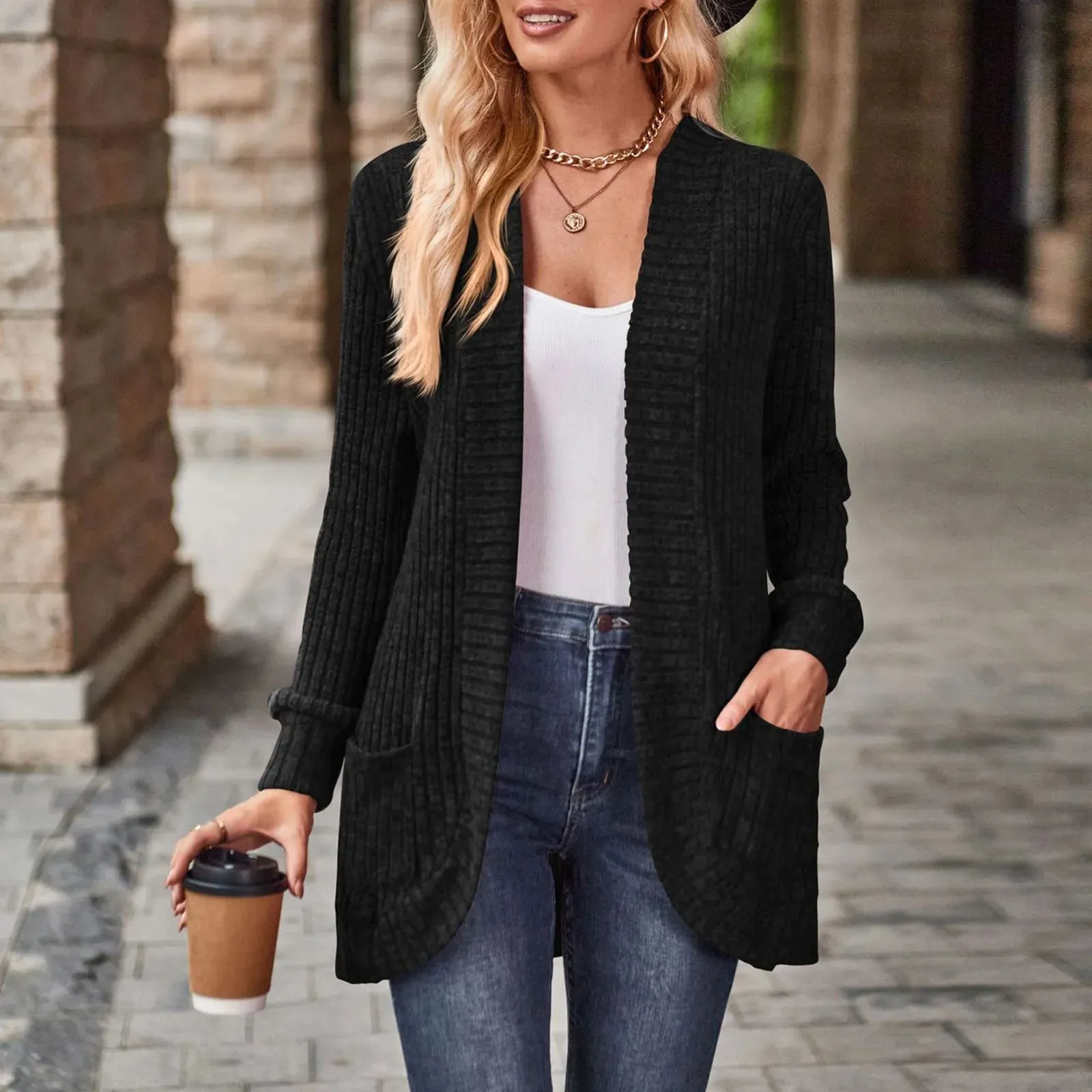Women Hollow Out Open Front Cardigan With Pockets Loose Fashion Casual Open Front Long Sleeve Chunky Coat With CáRdigans