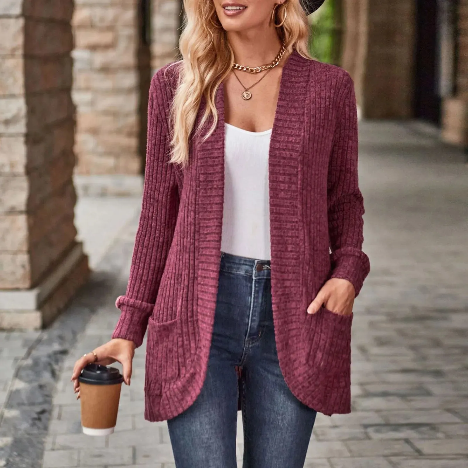 Women Hollow Out Open Front Cardigan With Pockets Loose Fashion Casual Open Front Long Sleeve Chunky Coat With CáRdigans