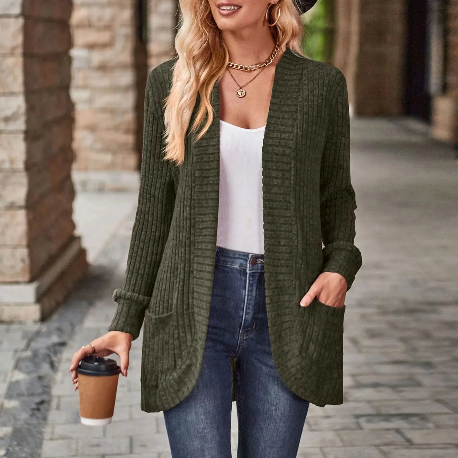 Women Hollow Out Open Front Cardigan With Pockets Loose Fashion Casual Open Front Long Sleeve Chunky Coat With CáRdigans
