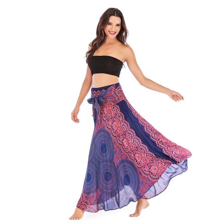 Women Rayon Skirt - Retro Floral Pleated Strap Skirt Beach Vacation Skirt