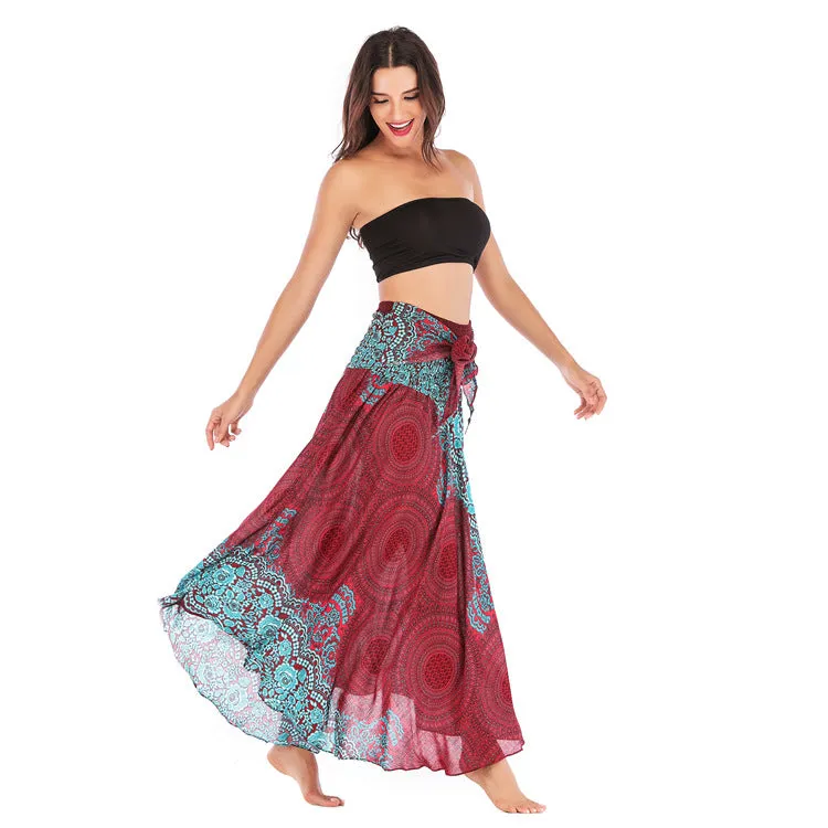 Women Rayon Skirt - Retro Floral Pleated Strap Skirt Beach Vacation Skirt