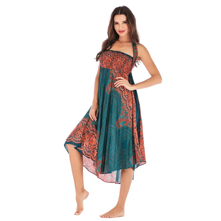 Women Rayon Skirt - Retro Floral Pleated Strap Skirt Beach Vacation Skirt