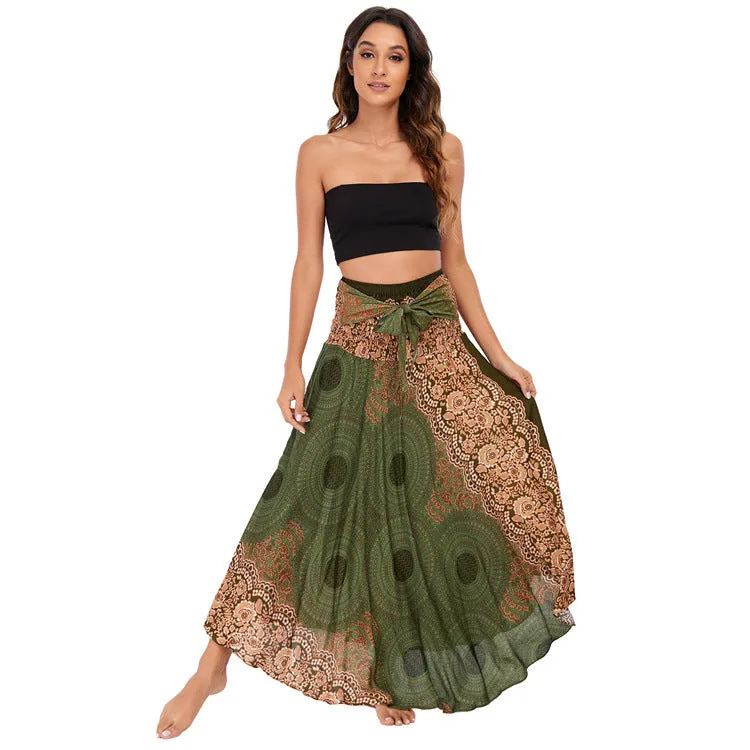 Women Rayon Skirt - Retro Floral Pleated Strap Skirt Beach Vacation Skirt