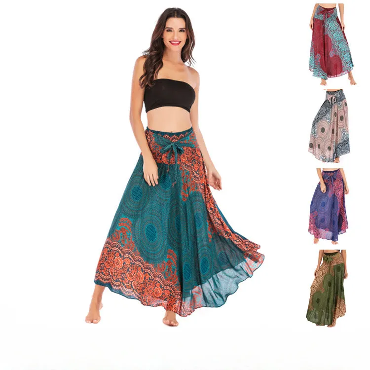 Women Rayon Skirt - Retro Floral Pleated Strap Skirt Beach Vacation Skirt