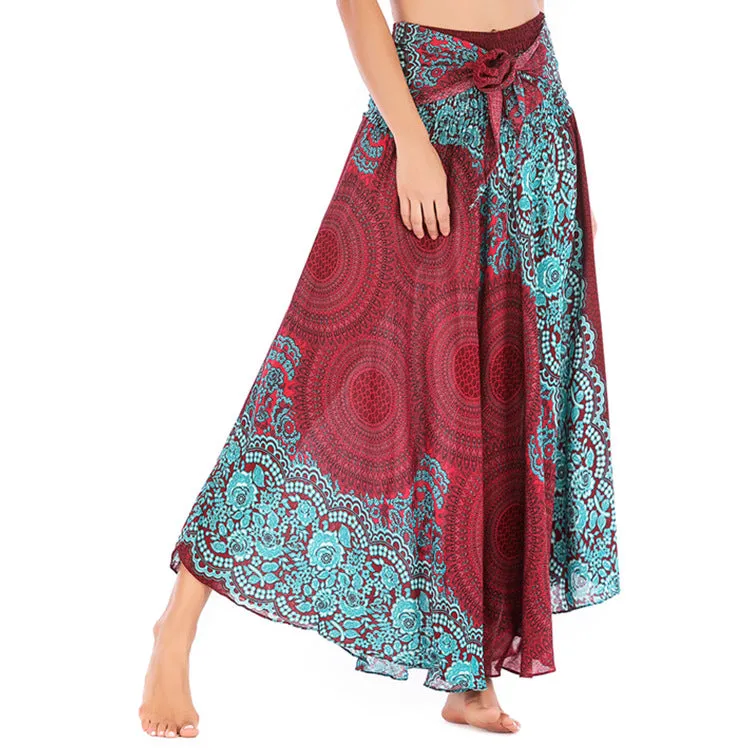 Women Rayon Skirt - Retro Floral Pleated Strap Skirt Beach Vacation Skirt