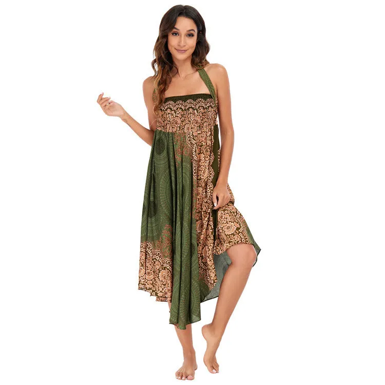 Women Rayon Skirt - Retro Floral Pleated Strap Skirt Beach Vacation Skirt