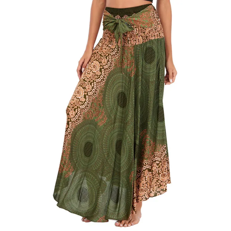 Women Rayon Skirt - Retro Floral Pleated Strap Skirt Beach Vacation Skirt