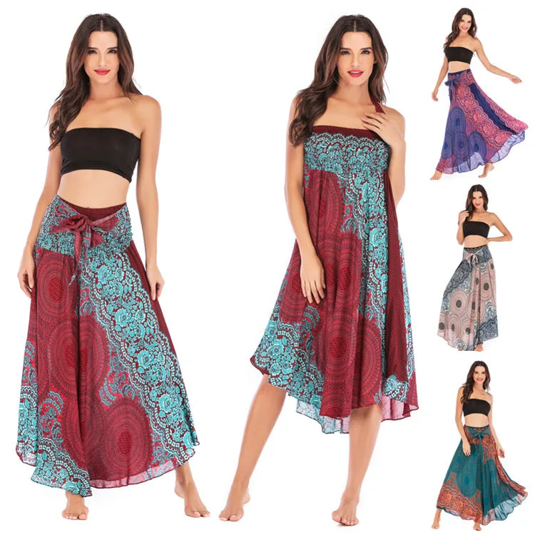 Women Rayon Skirt - Retro Floral Pleated Strap Skirt Beach Vacation Skirt