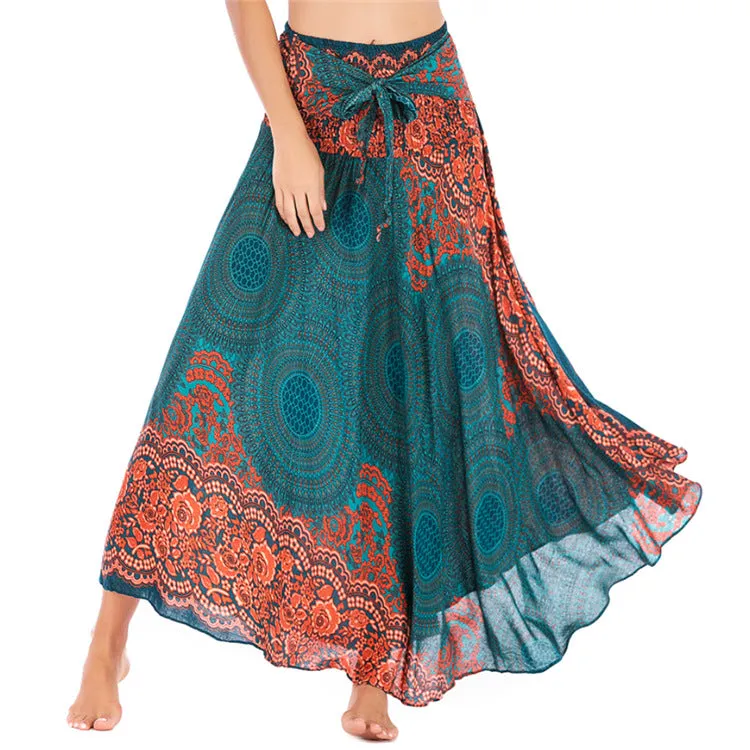 Women Rayon Skirt - Retro Floral Pleated Strap Skirt Beach Vacation Skirt
