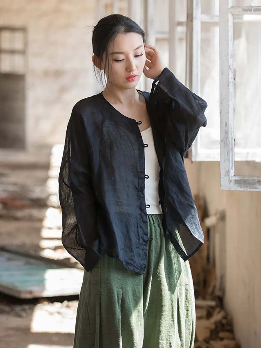 Women Summer Artsy Solid Ramie Button-Up Shirt