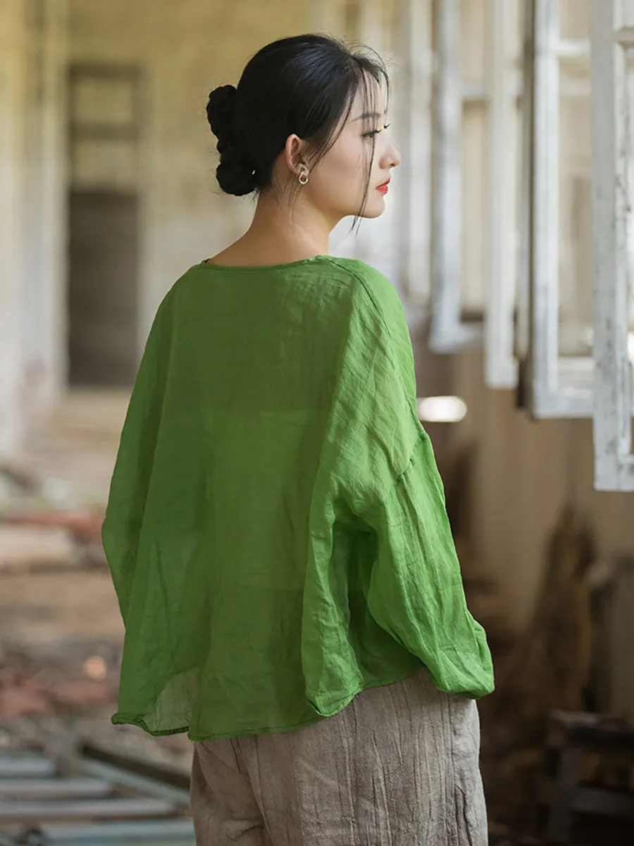 Women Summer Artsy Solid Ramie Button-Up Shirt
