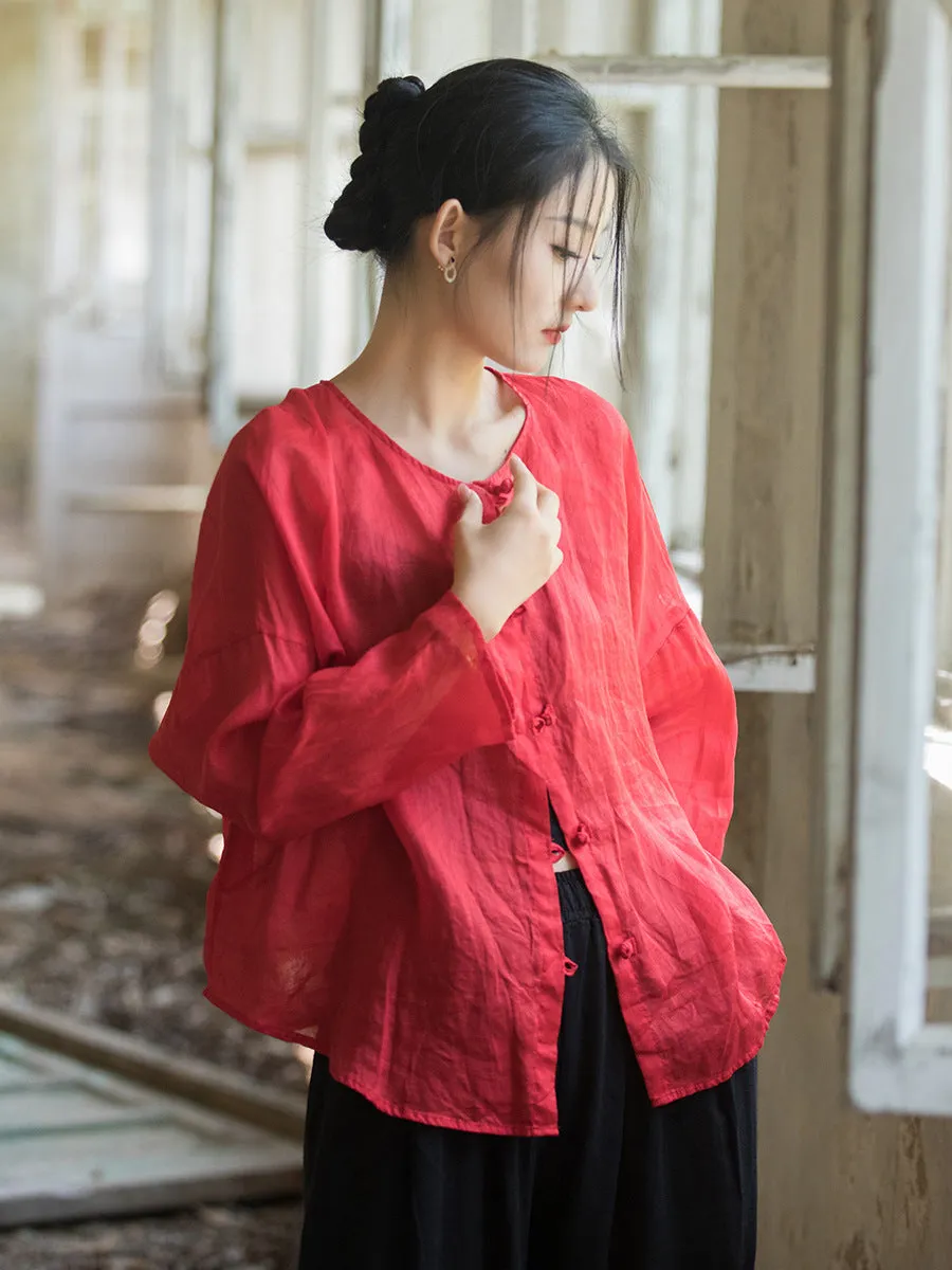 Women Summer Artsy Solid Ramie Button-Up Shirt