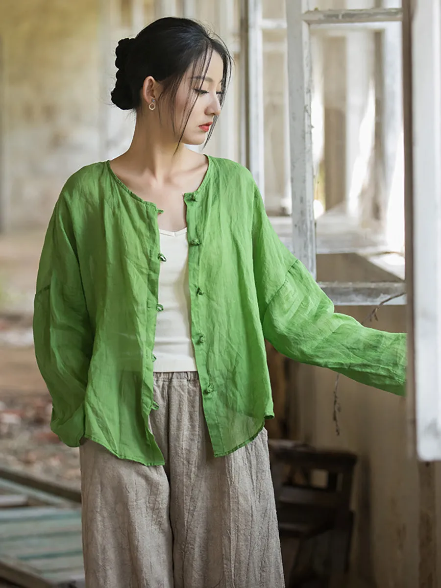 Women Summer Artsy Solid Ramie Button-Up Shirt
