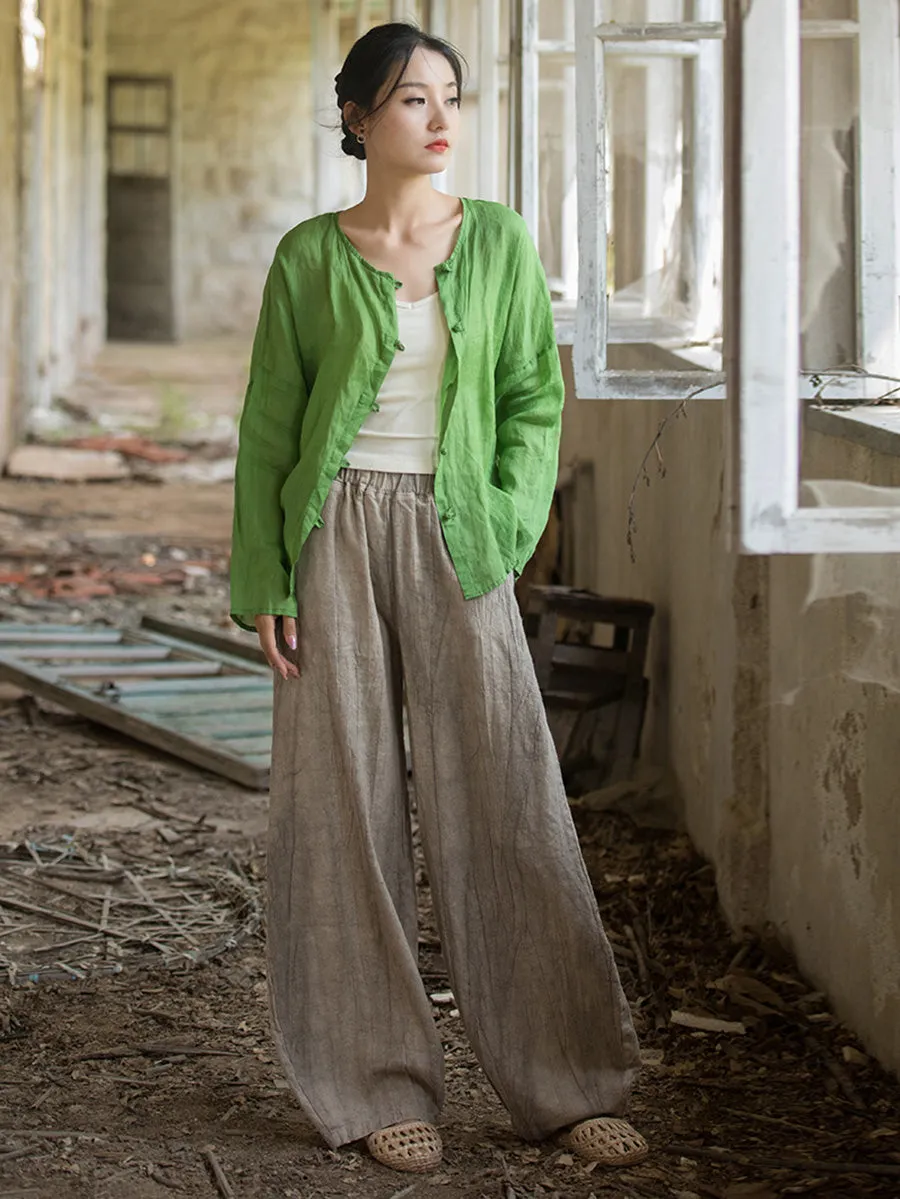 Women Summer Artsy Solid Ramie Button-Up Shirt