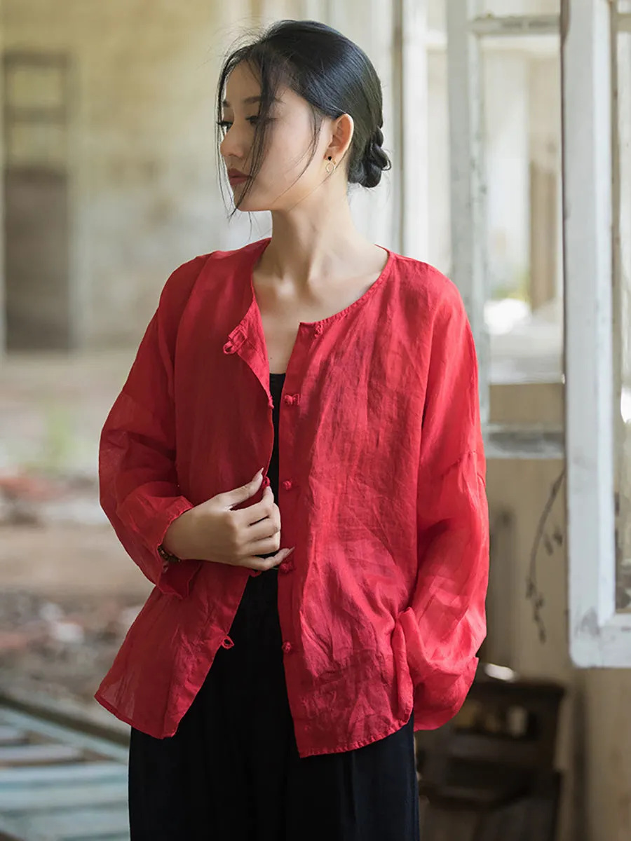 Women Summer Artsy Solid Ramie Button-Up Shirt