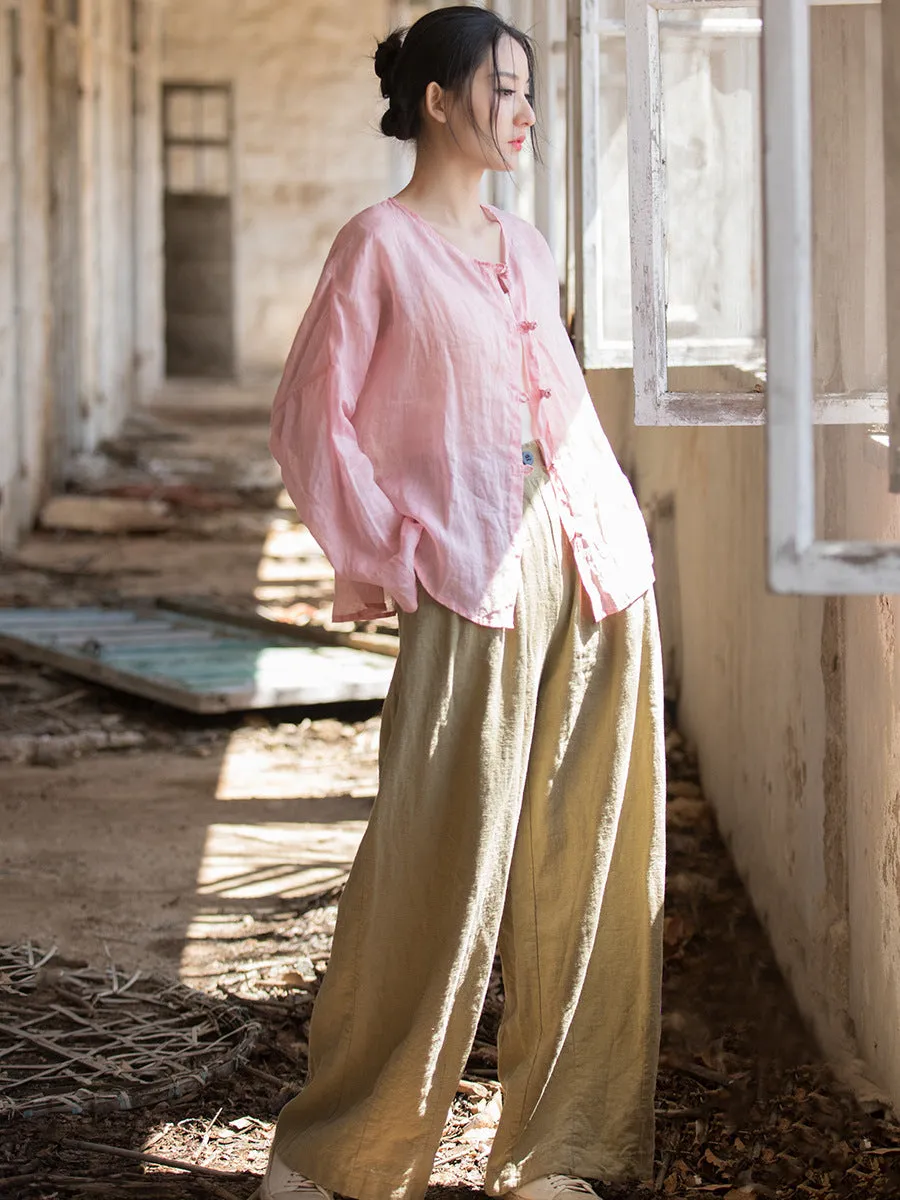Women Summer Artsy Solid Ramie Button-Up Shirt