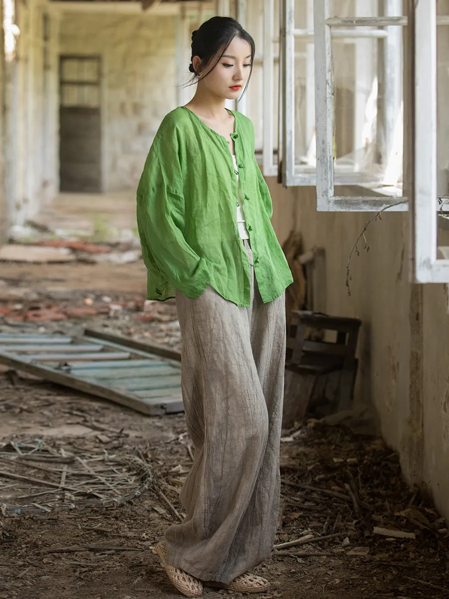 Women Summer Artsy Solid Ramie Button-Up Shirt