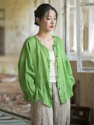 Women Summer Artsy Solid Ramie Button-Up Shirt